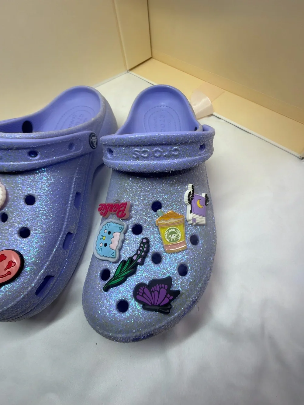 CROCS Glitter Platform Clogs in Lavender with Jibbitz